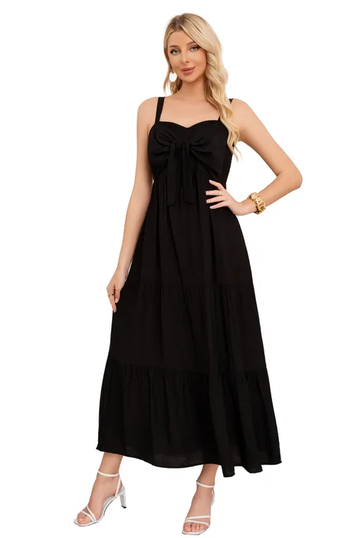 Vestido Largo Liso Con Tirantes Ajustables Y Detalle Frontal 3361 Negro S