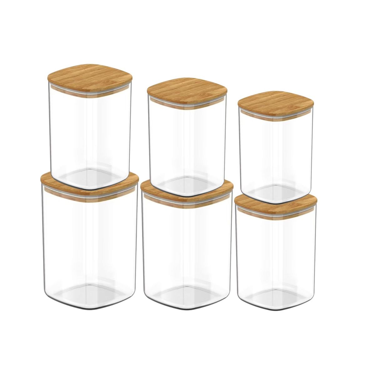 GENERICO - Set 6 Frascos Hermeticos Cuadrado Cocina Tapa De Bambu