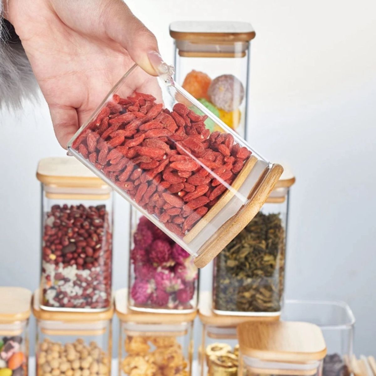 GENERICO - Set 6 Frascos Hermeticos Vidrio Despensa Tapa De Bambu.