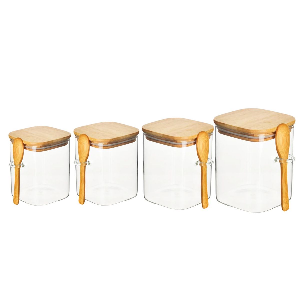 GENERICO - Set 4 Frascos Hermeticos Especias Tapa De Bambu Y Cuchara