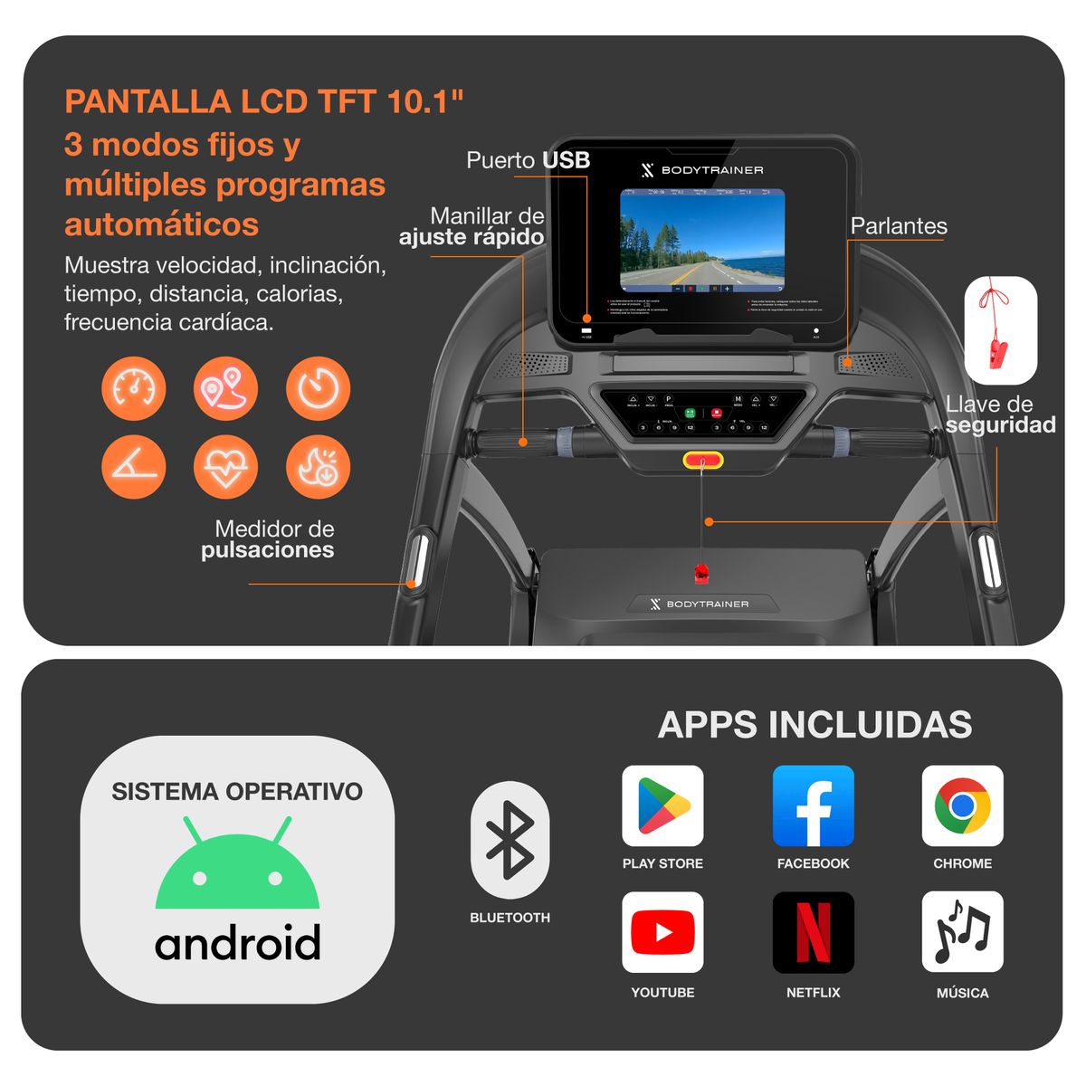 BODYTRAINER - Trotadora con Pantalla Bodytrainer RN820 20 km/h con APPs