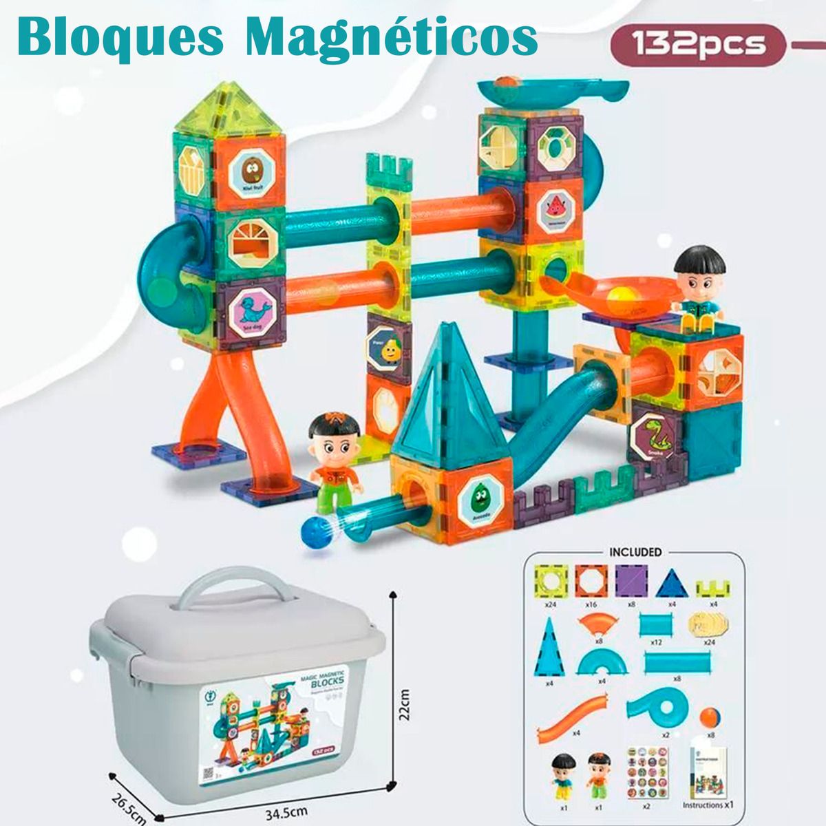 HOMEBRANDT - Bloques Magneticos 2 en 1 Tobogan De Bolas 3d Balde 132pzs