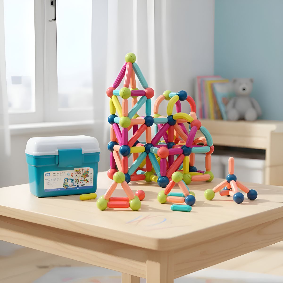 HOMEBRANDT - Bloques Magnéticos 2 en 1 De Varillas 3D 84 pzs Con Balde