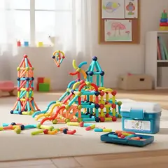 HOMEBRANDT - Bloques Magnéticos 2 En 1 De Varillas 3d 130pzs Con Balde