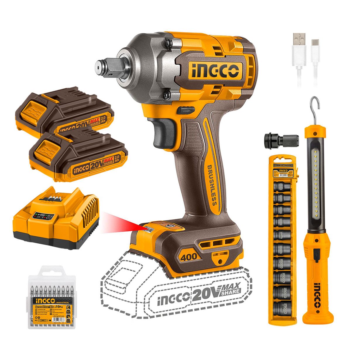 INGCO - Pistola de Impacto BL 1/2" 20V + 2 Bat +10 Dados + Linterna
