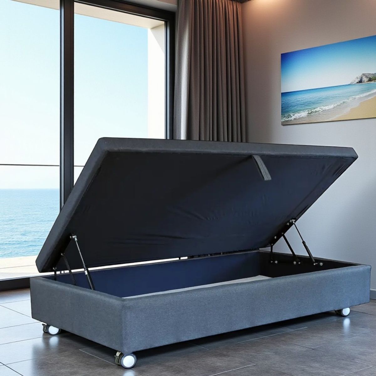 BLOCCARE - Base Cama Baul 1.5 PLaza/ L190 (Gris) con ruedas Logo/ con refuerzo