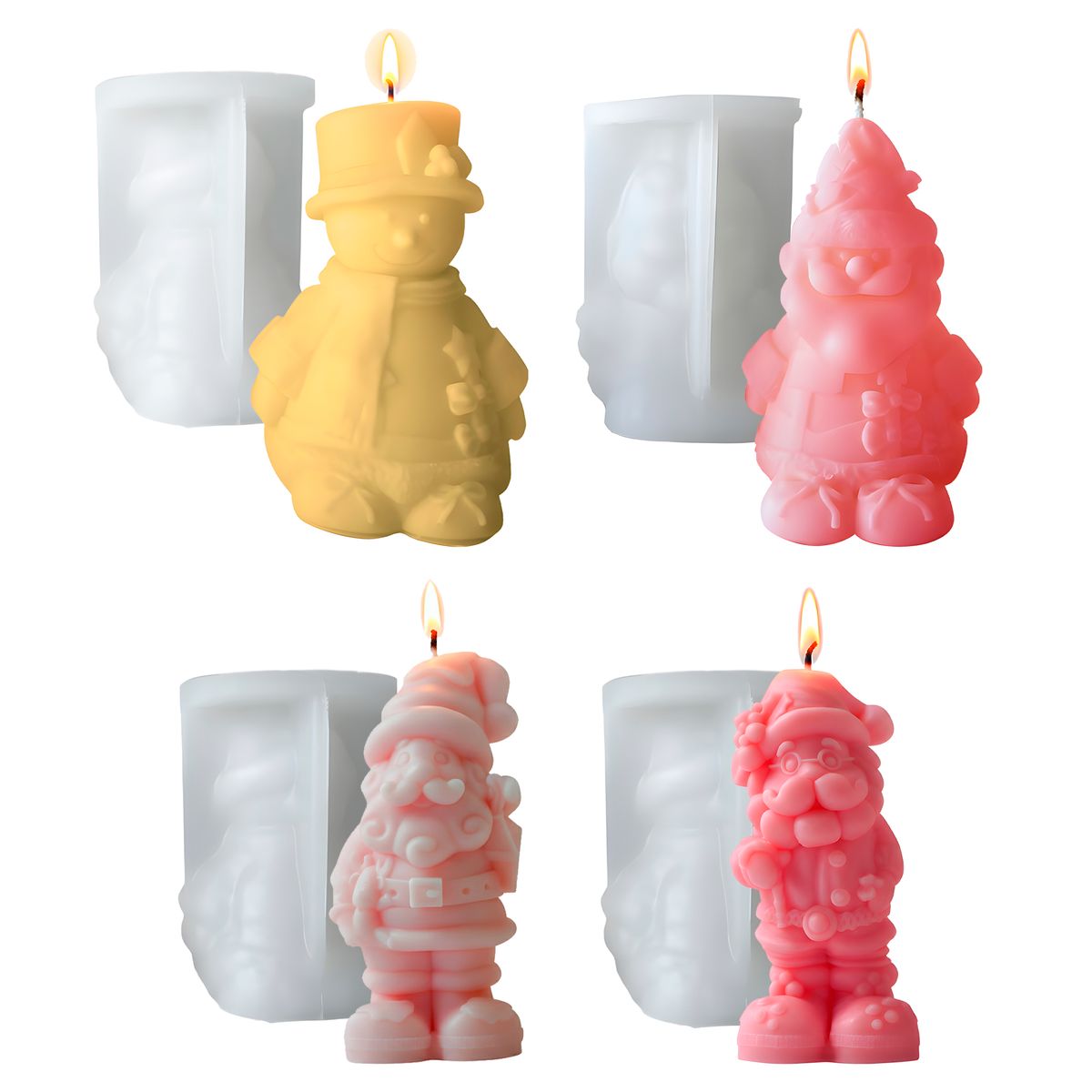 GENERICO - 4 Moldes Silicona Muñeco de Nieve y Viejito Pascuero Gnomos Aromaterapia Velas
