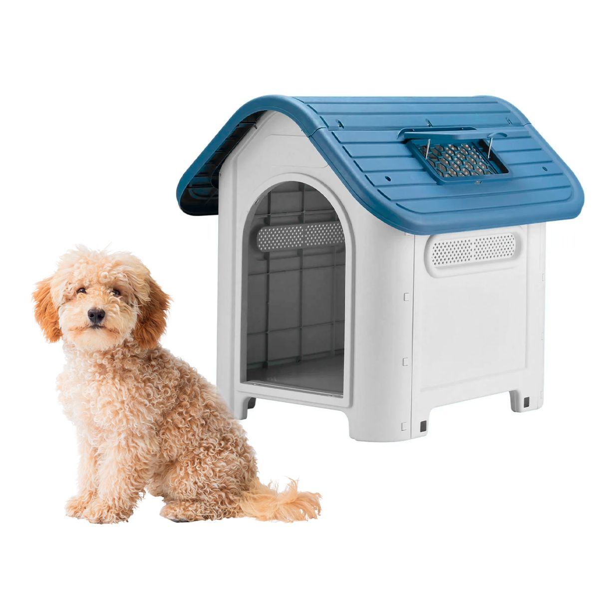 KERU - Casa para Perro con Ventana y Techo Azul