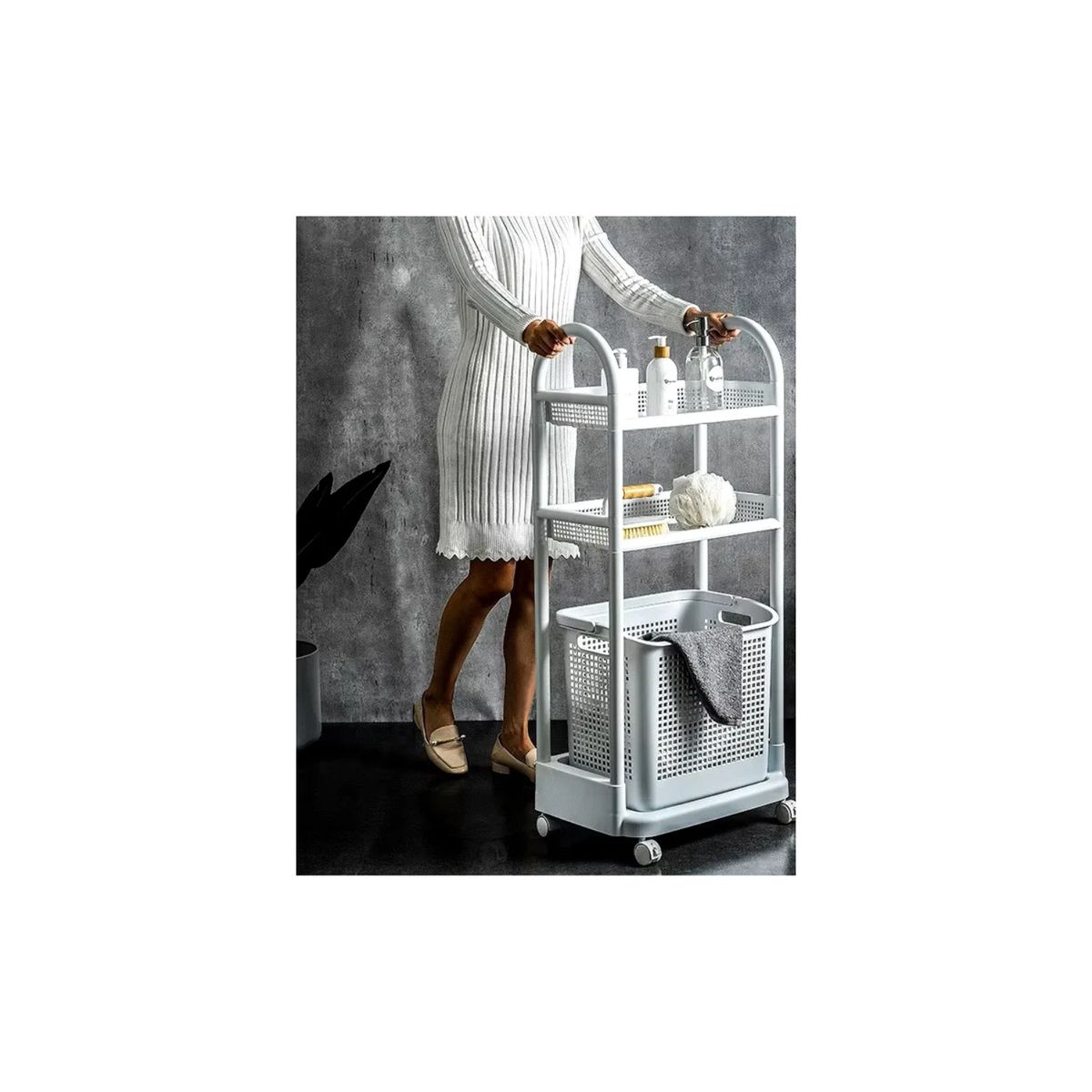 GENERICO - Carrito Organizador Canasta Estante Carro Lavanderia Baño Blanco