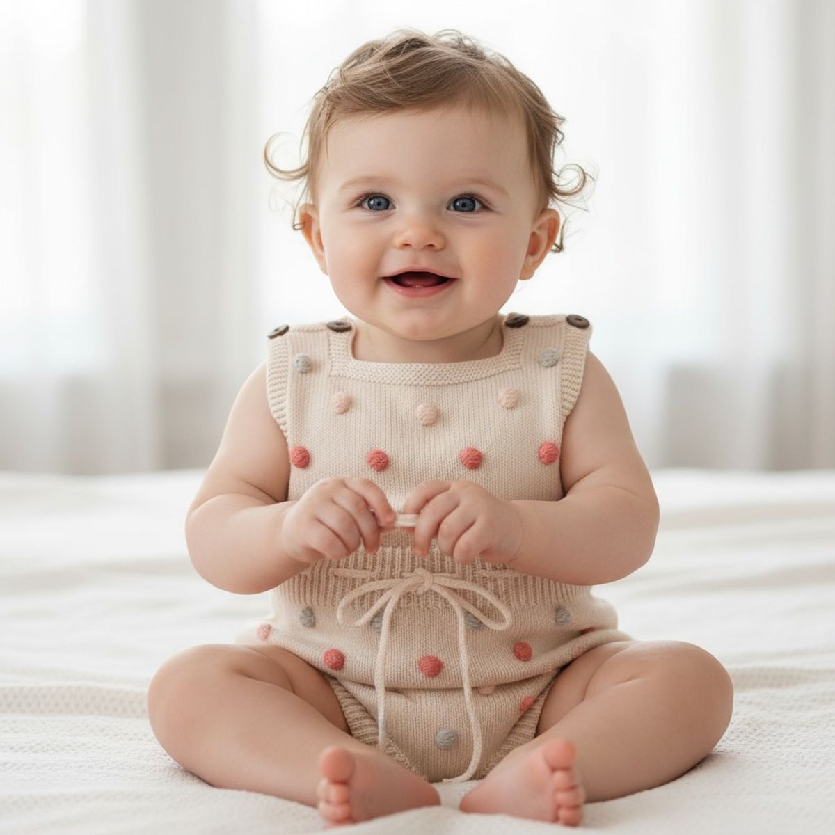 SENSIBLUE - Enterito Tejido 100% Algodón con Pompones para Bebé