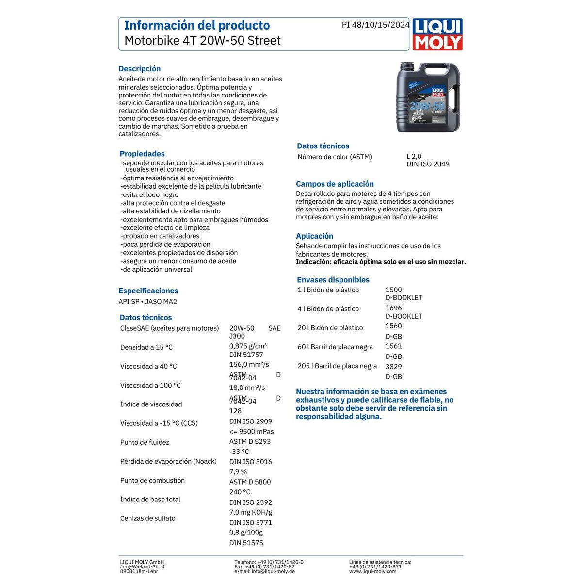 LIQUI MOLY - Aceite Motor para Moto 20w50 Mineral Motorbike 4T Street