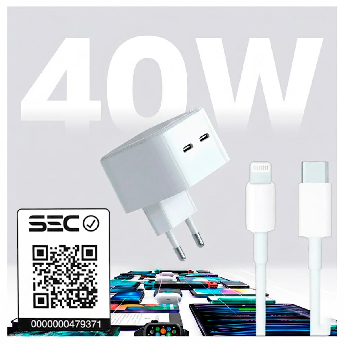 IRM - Cargador Certificado SEC Carga rapida USB-C 40w con Cable Para Iphone