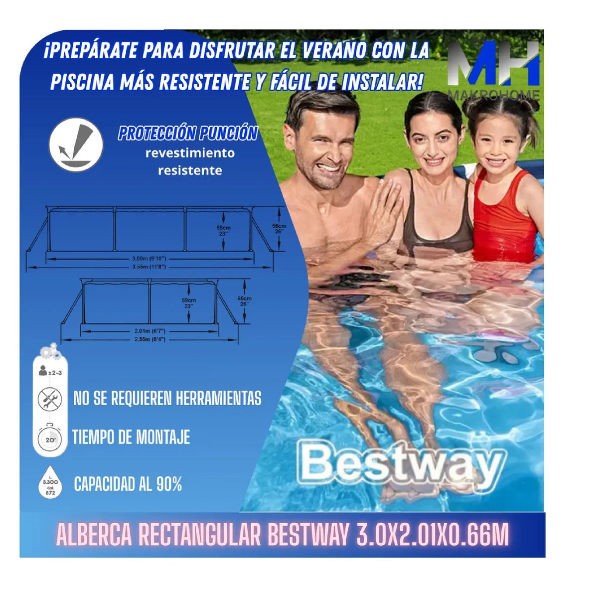 BESTWAY - Alberca Rectangular Bestway 56404 3300l 3.0x2.01x0.66m