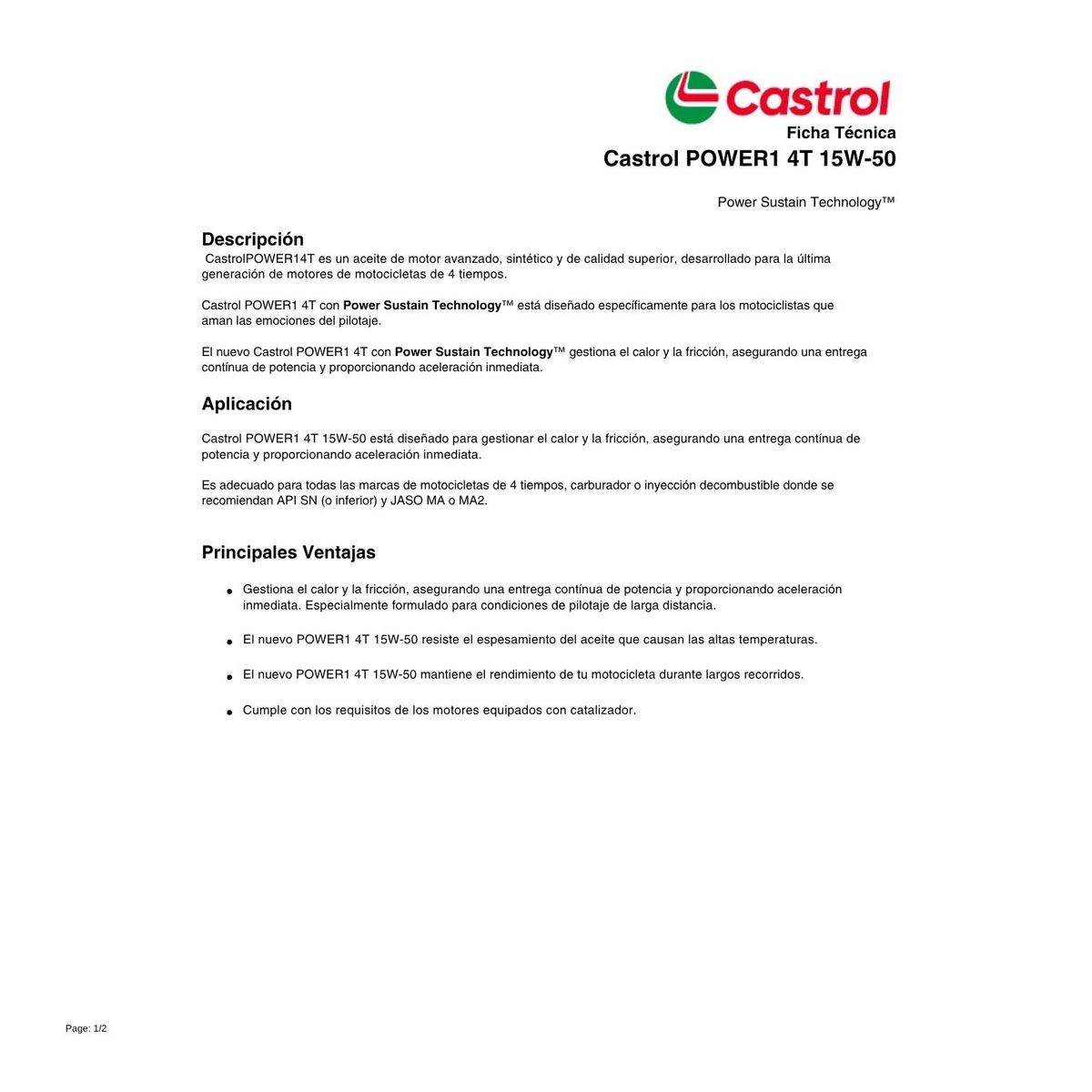 CASTROL - Aceite Motor para Moto 15w50 Sintetico Power 1 4T 1 Lt.