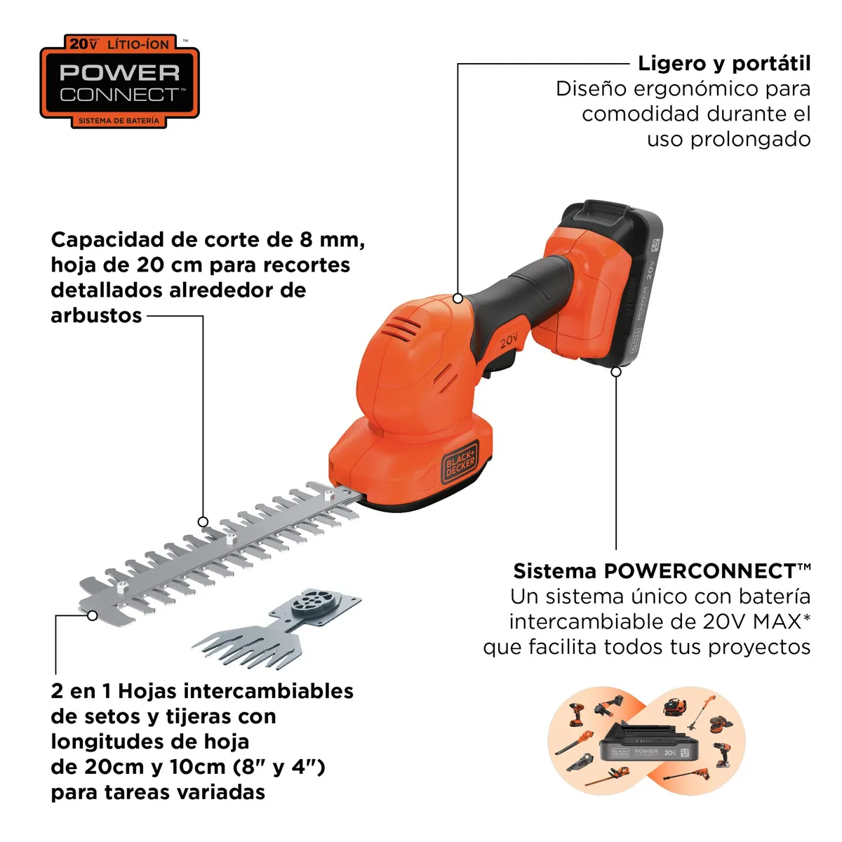 BLACK+DECKER - Cortasetos podador 20V 2 en 1 BLACK+DECKER BCSS820D1-B2