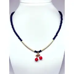 JOYAS GAB - COLLAR CRISTALES ONIX ACCESORIOS BAÑO ORO AMARILLO Y COLGANTE CEREZAS RESINA