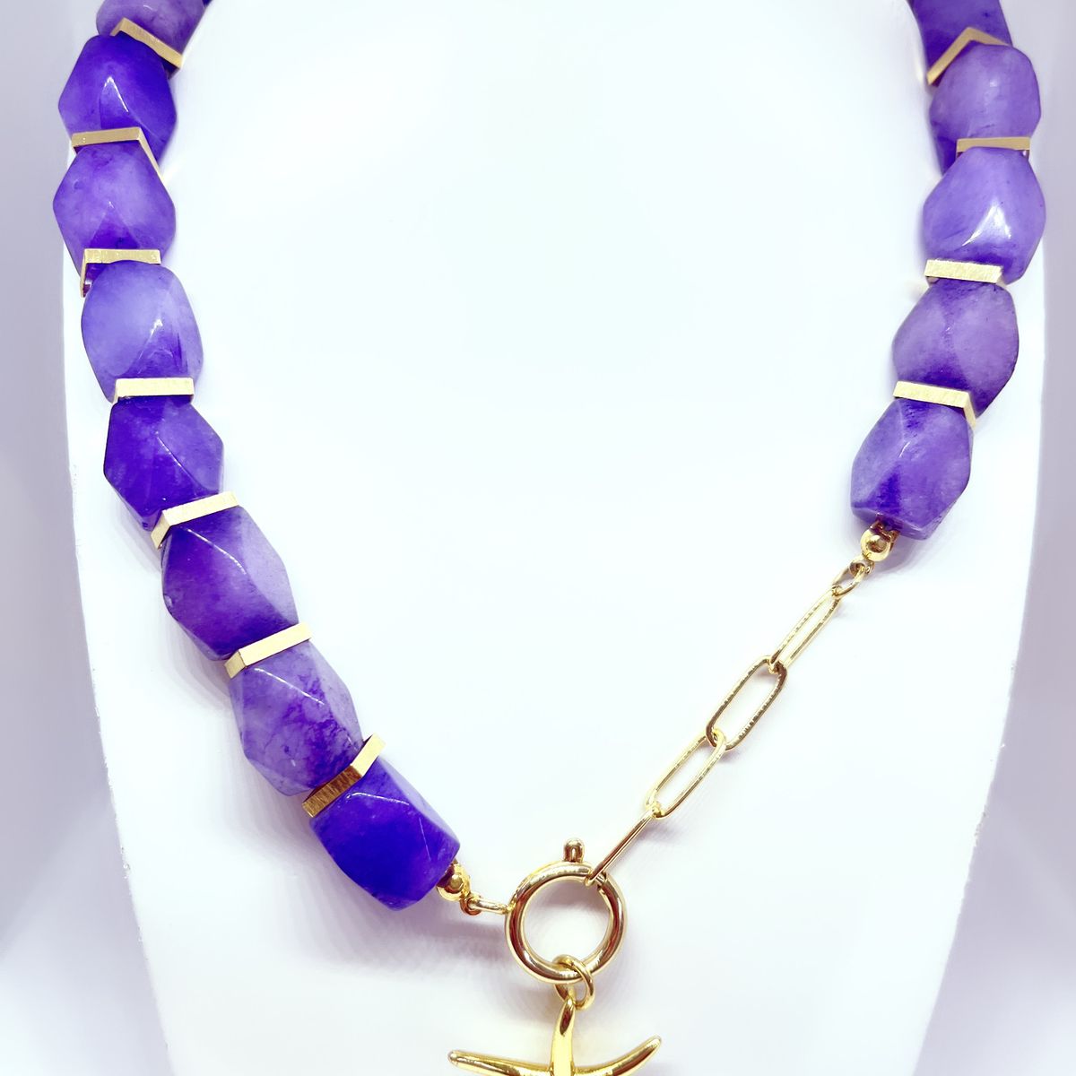 JOYAS GAB - COLLAR PIEDRAS NATURALES AMATISTA ACCESORIOS BAÑO ORO AMARILLO Y COLGANTE ESTRELLA MAR