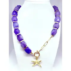 JOYAS GAB - COLLAR PIEDRAS NATURALES AMATISTA ACCESORIOS BAÑO ORO AMARILLO Y COLGANTE ESTRELLA MAR