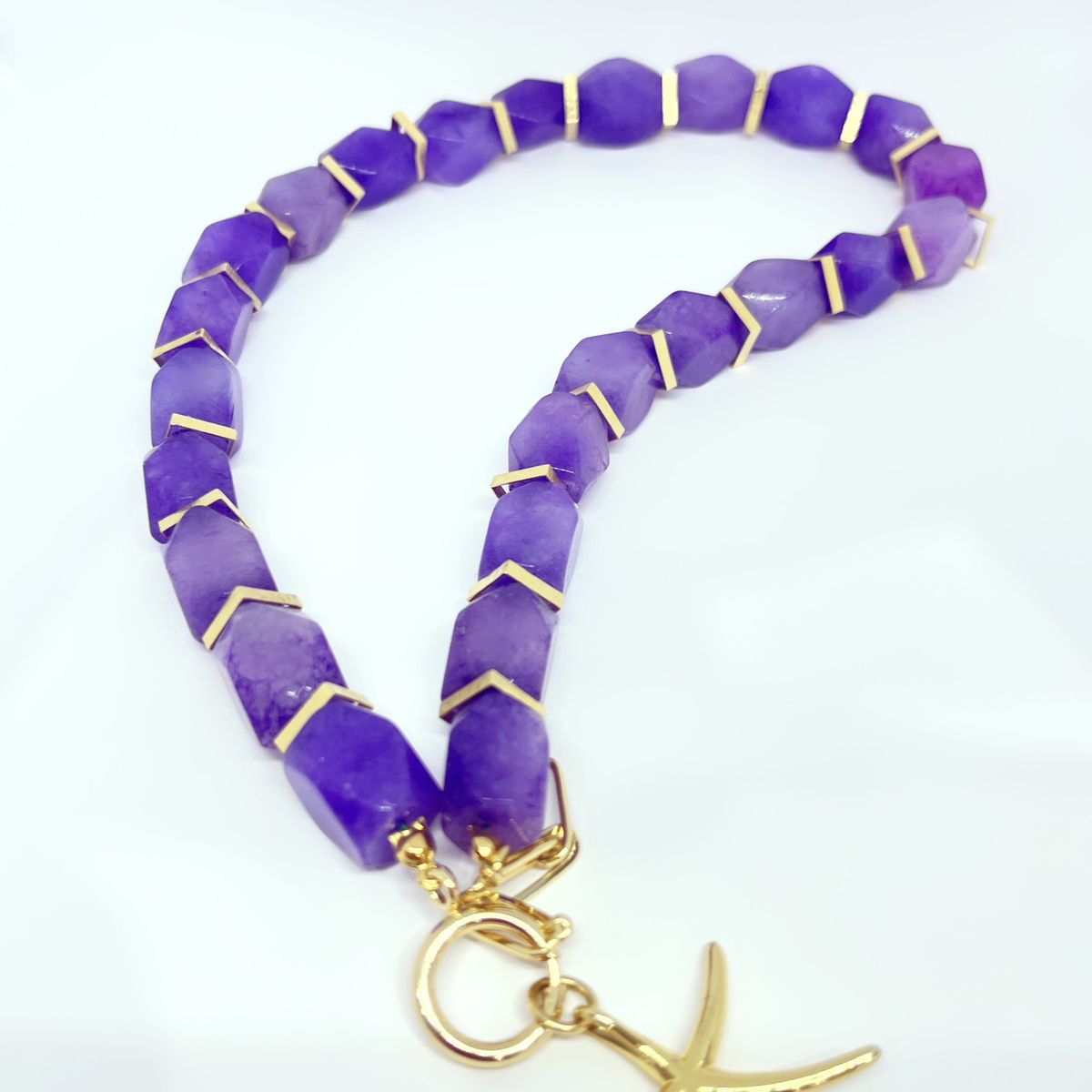 JOYAS GAB - COLLAR PIEDRAS NATURALES AMATISTA ACCESORIOS BAÑO ORO AMARILLO Y COLGANTE ESTRELLA MAR