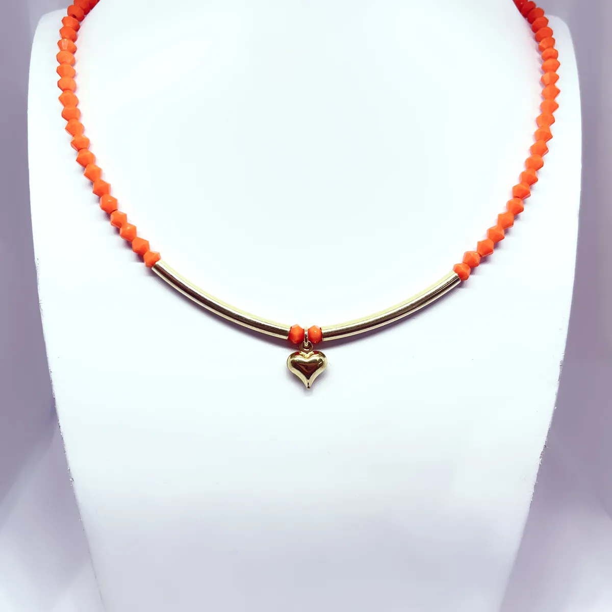 JOYAS GAB - COLLAR CRISTALES NARANJA ACCESORIOS BAÑO ORO AMARILLO Y COLGANTE CORAZON