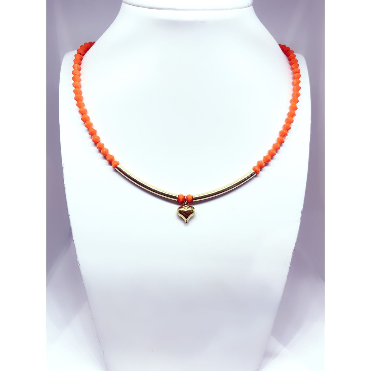 JOYAS GAB - COLLAR CRISTALES NARANJA ACCESORIOS BAÑO ORO AMARILLO Y COLGANTE CORAZON