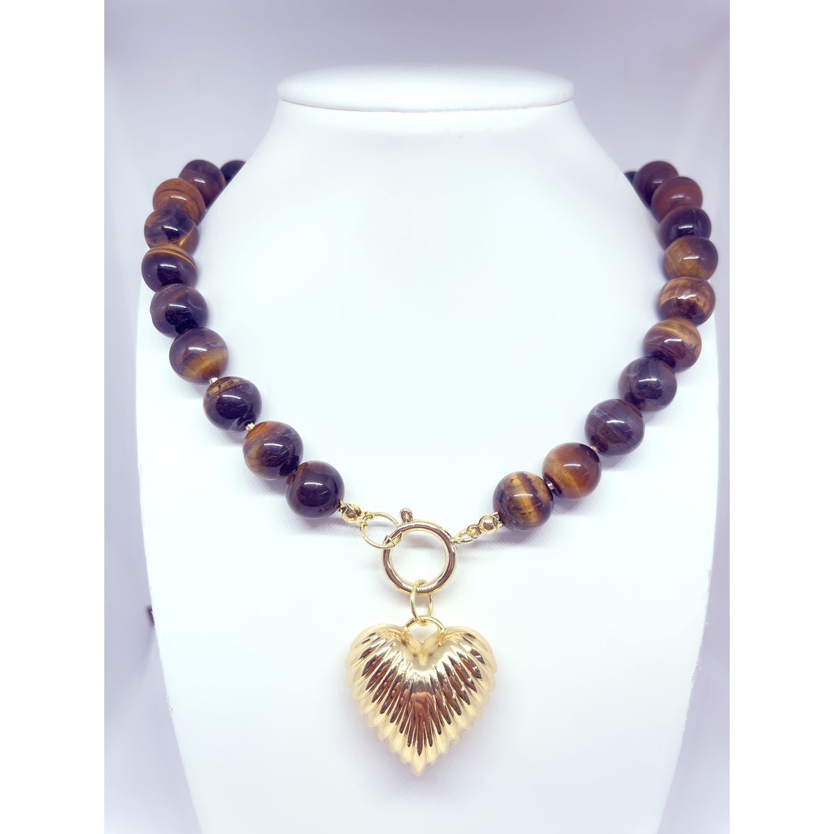 JOYAS GAB - COLLAR PIEDRA NATURAL OJO DE TIGRE ACCESORIOS BAÑO ORO AMARILLO Y COLGANTE CORAZON