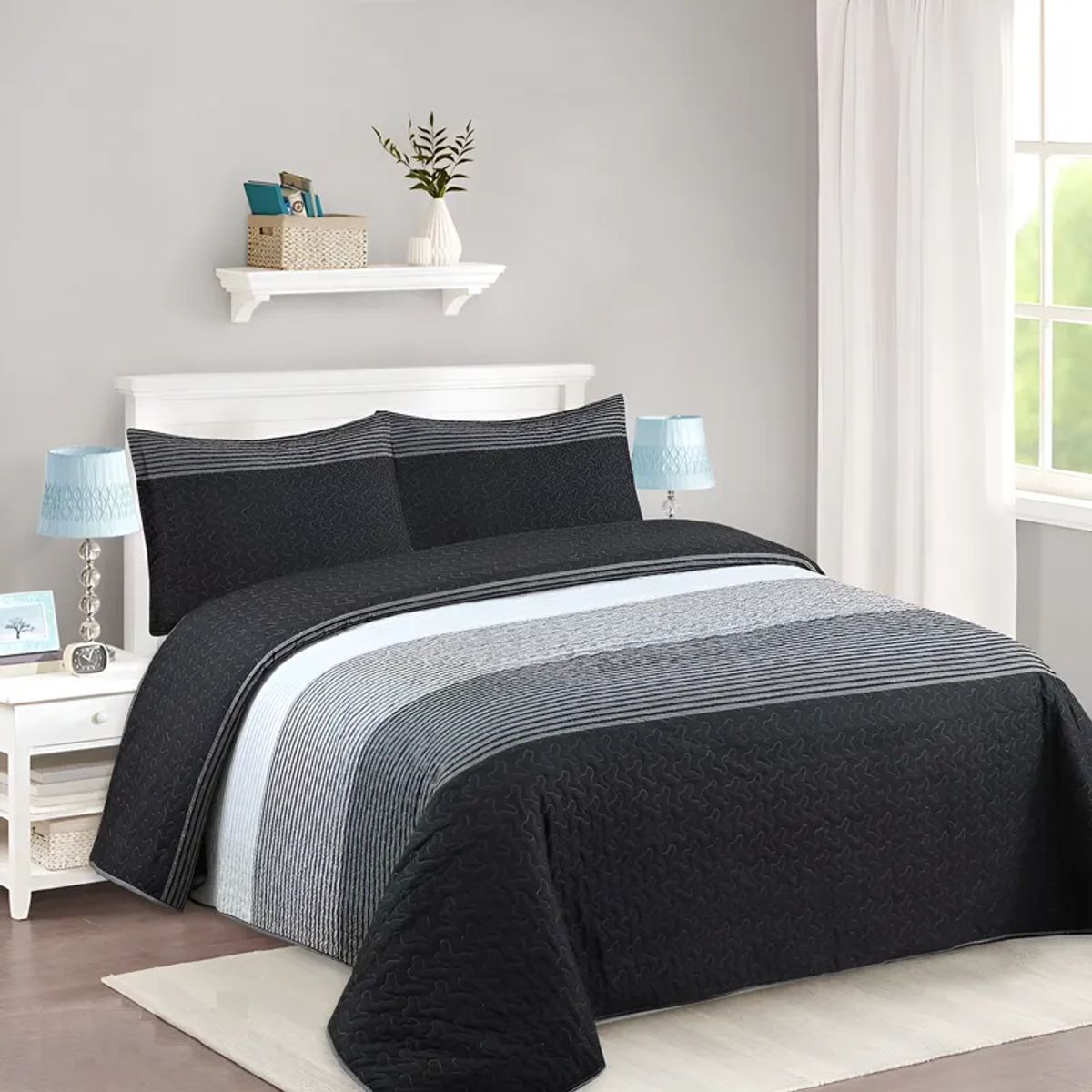 GENERICO - CUBRECAMA FEIYA 1.5 PLAZA DISEÑO NEGRO MODERNO FRANJAS GRIS ELEGANTE  QUILT VERANO
