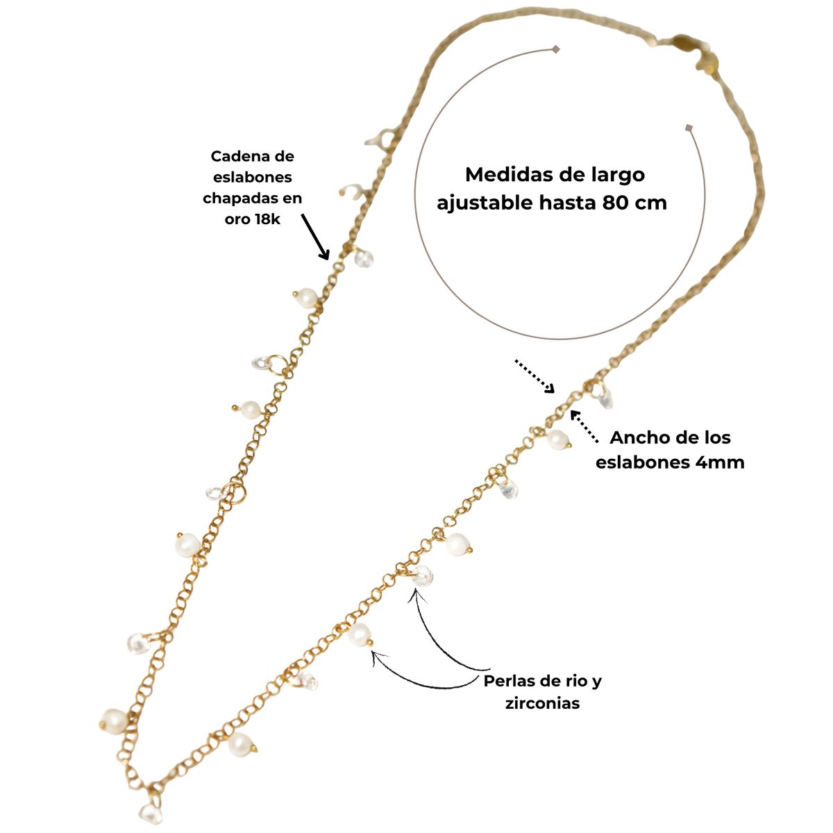ELBAULDEJUMA - Collar largo 80cm ajustable Talasa zirconias y perlas chapado en oro Riviere