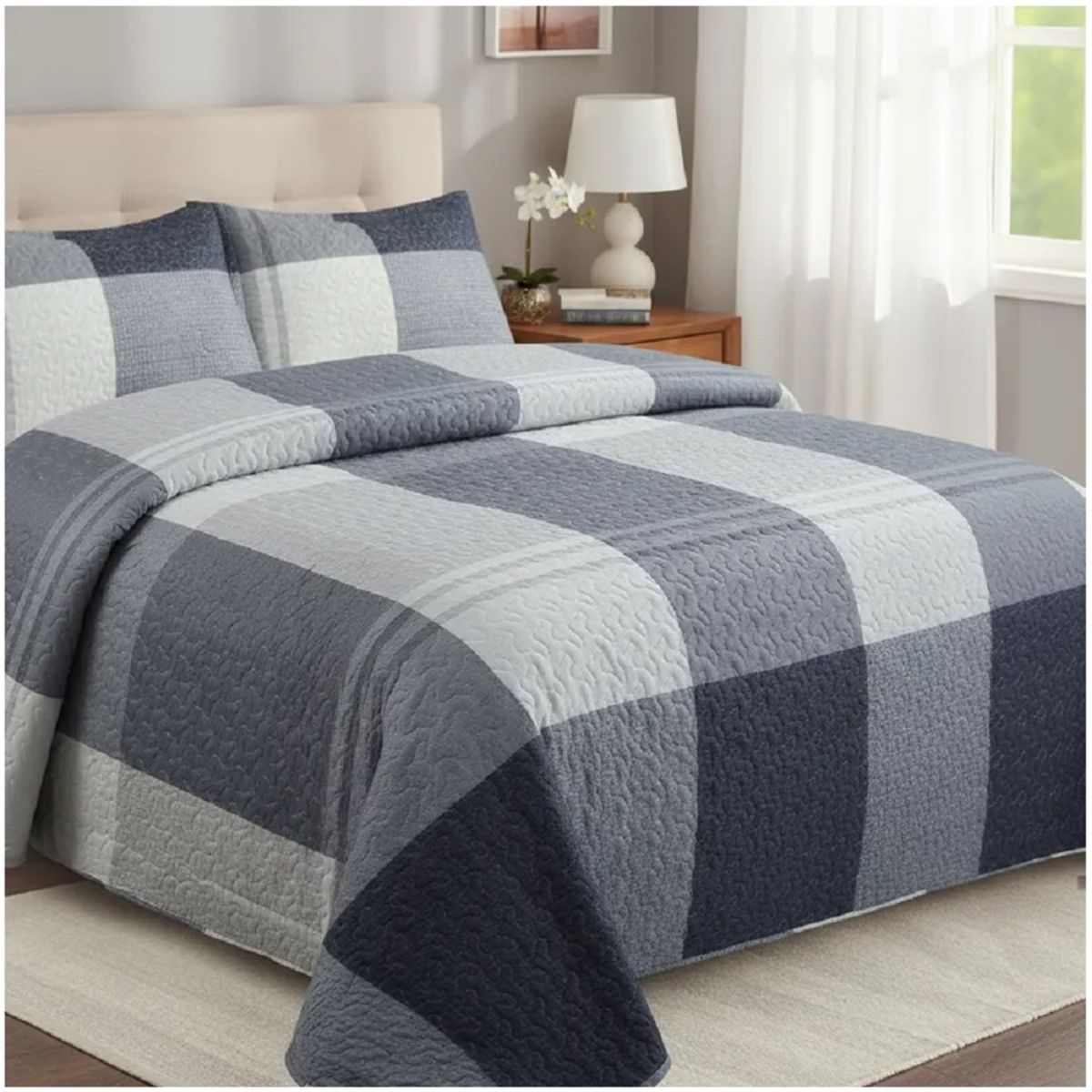 GENERICO - CUBRECAMA FEIYA 1.5 PLAZA DISEÑO MODERNO CUADRO GRIS ELEGANTE  QUILT VERANO