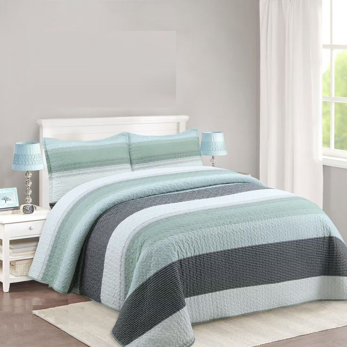 GENERICO - CUBRECAMA FEIYA 1.5 PLAZA DISEÑO MODERNO VERDE FRANJA QUILT VERANO