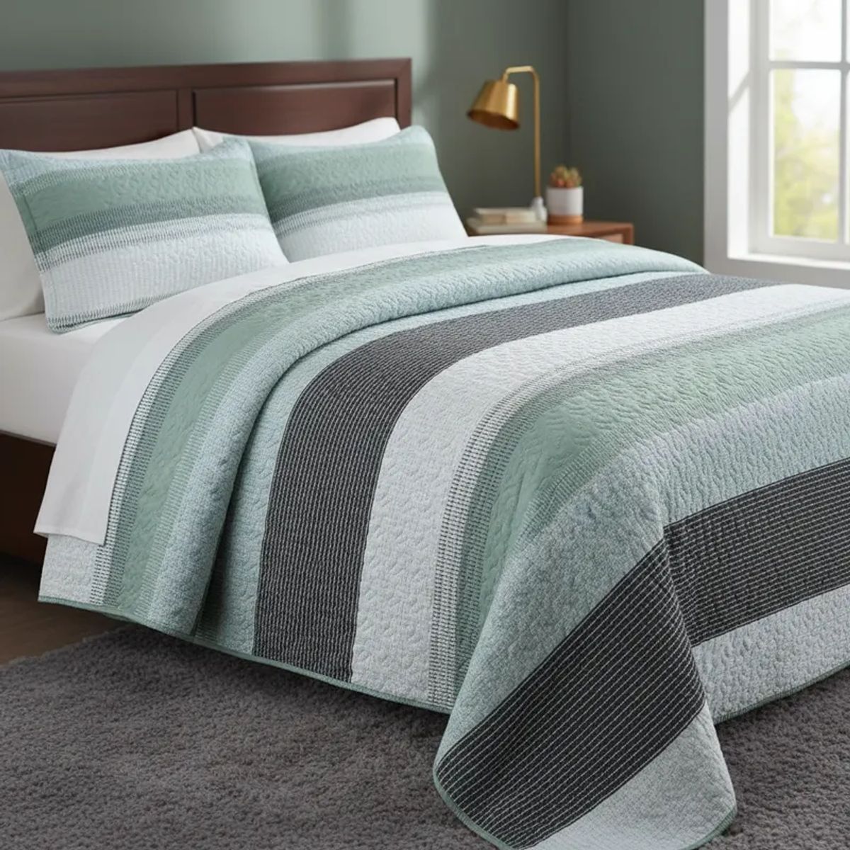 GENERICO - CUBRECAMA FEIYA 1.5 PLAZA DISEÑO MODERNO VERDE FRANJA QUILT VERANO