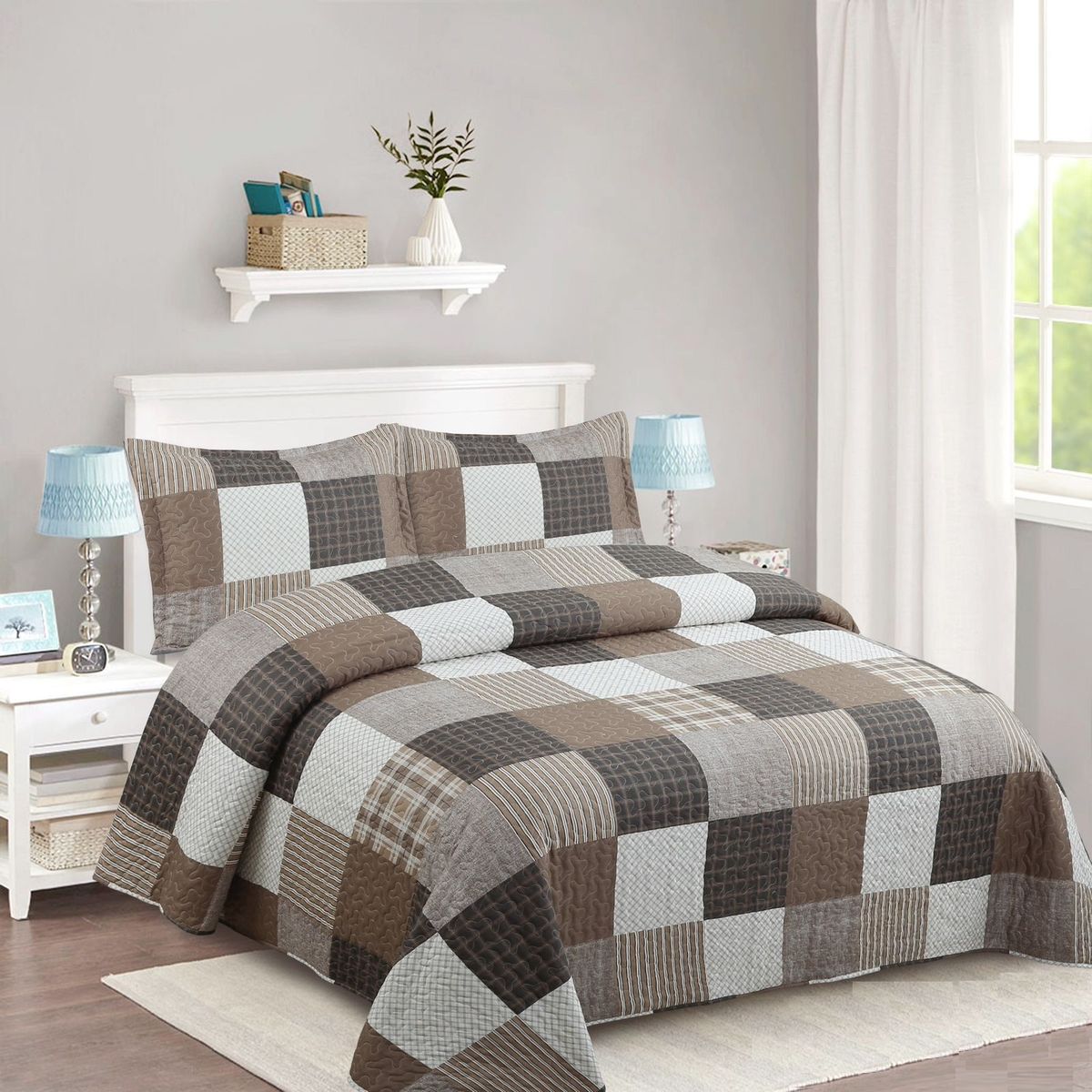 GENERICO - CUBRECAMA FEIYA 1.5 PLAZA DISEÑO MODERNO CUADRO MARRON QUILT VERANO