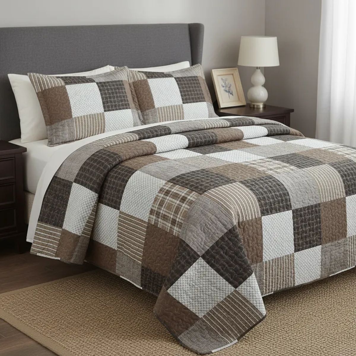 GENERICO - CUBRECAMA FEIYA 1.5 PLAZA DISEÑO MODERNO CUADRO MARRON QUILT VERANO