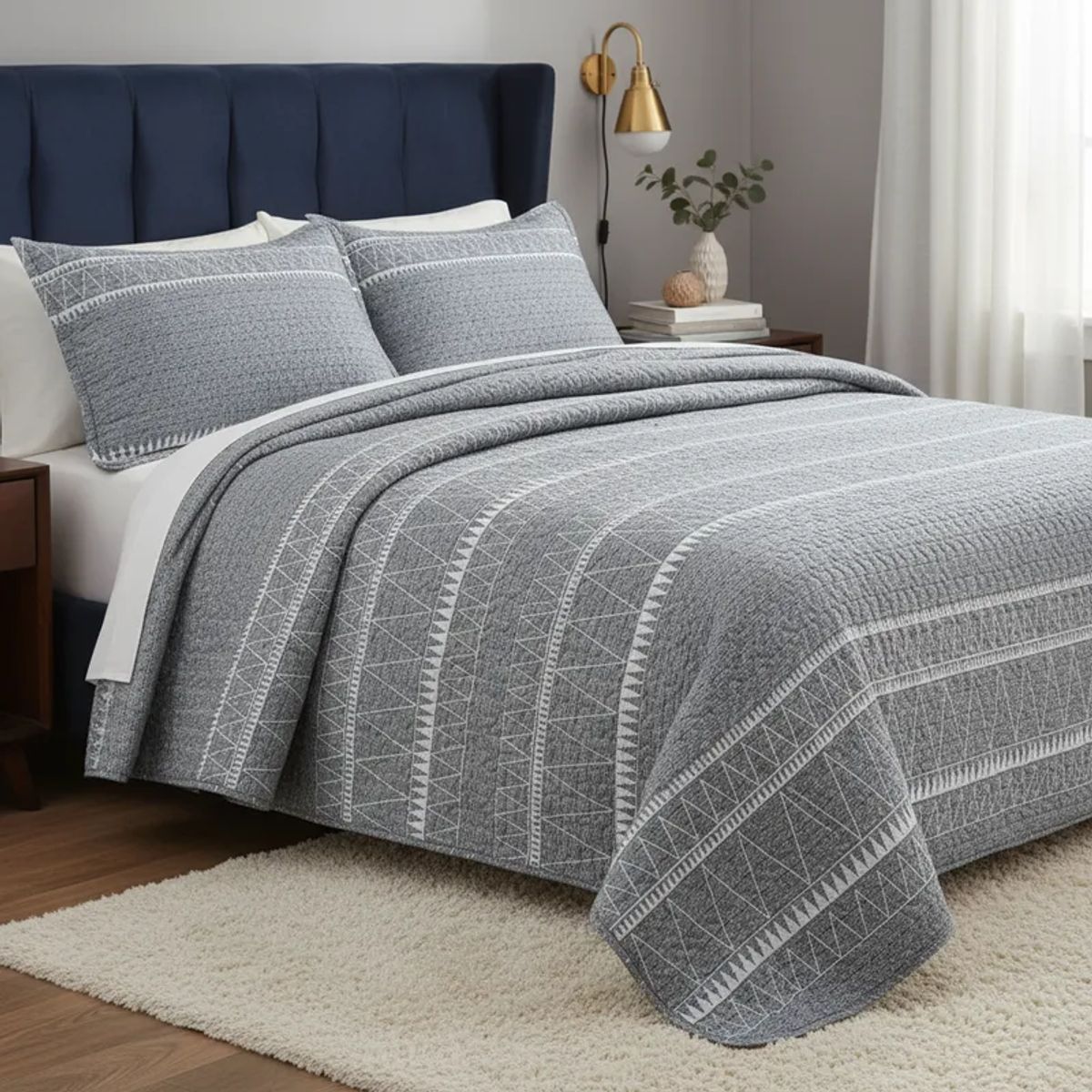 GENERICO - CUBRECAMA FEIYA 1.5 PLAZA DISEÑO MODERNO GRIS LINEAS QUILT VERANO
