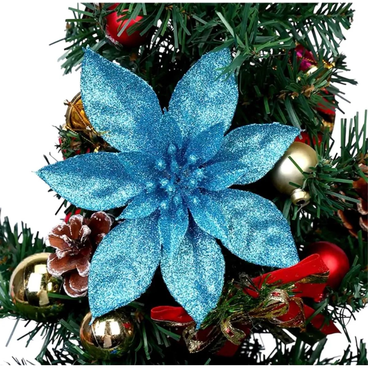 GENERICO - Flores Navideñas Con Clip 6cm Brillantes Con Glitter 10unid