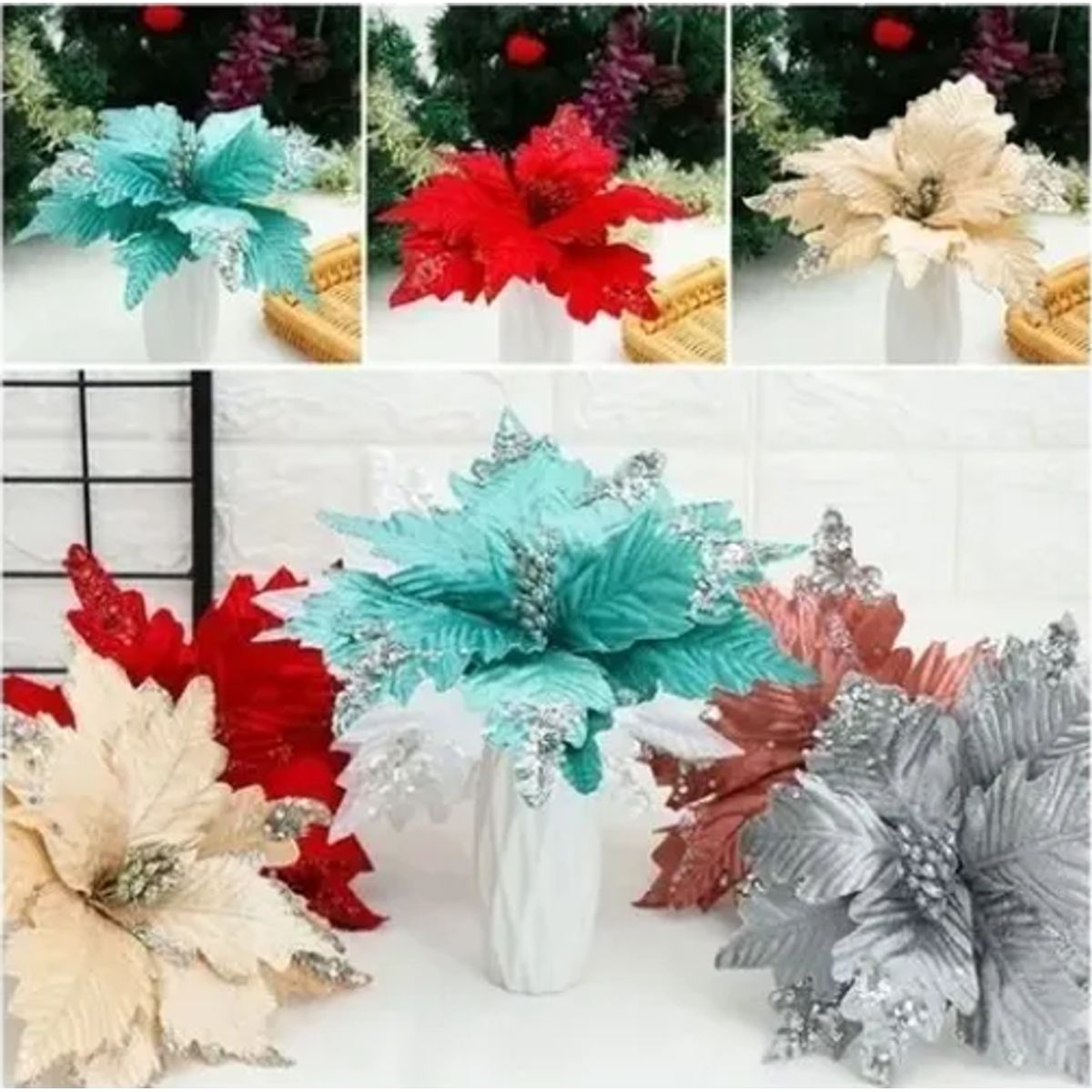GENERICO - Set 5 Adorno Flores De Navidad Grandes 5 Unidades