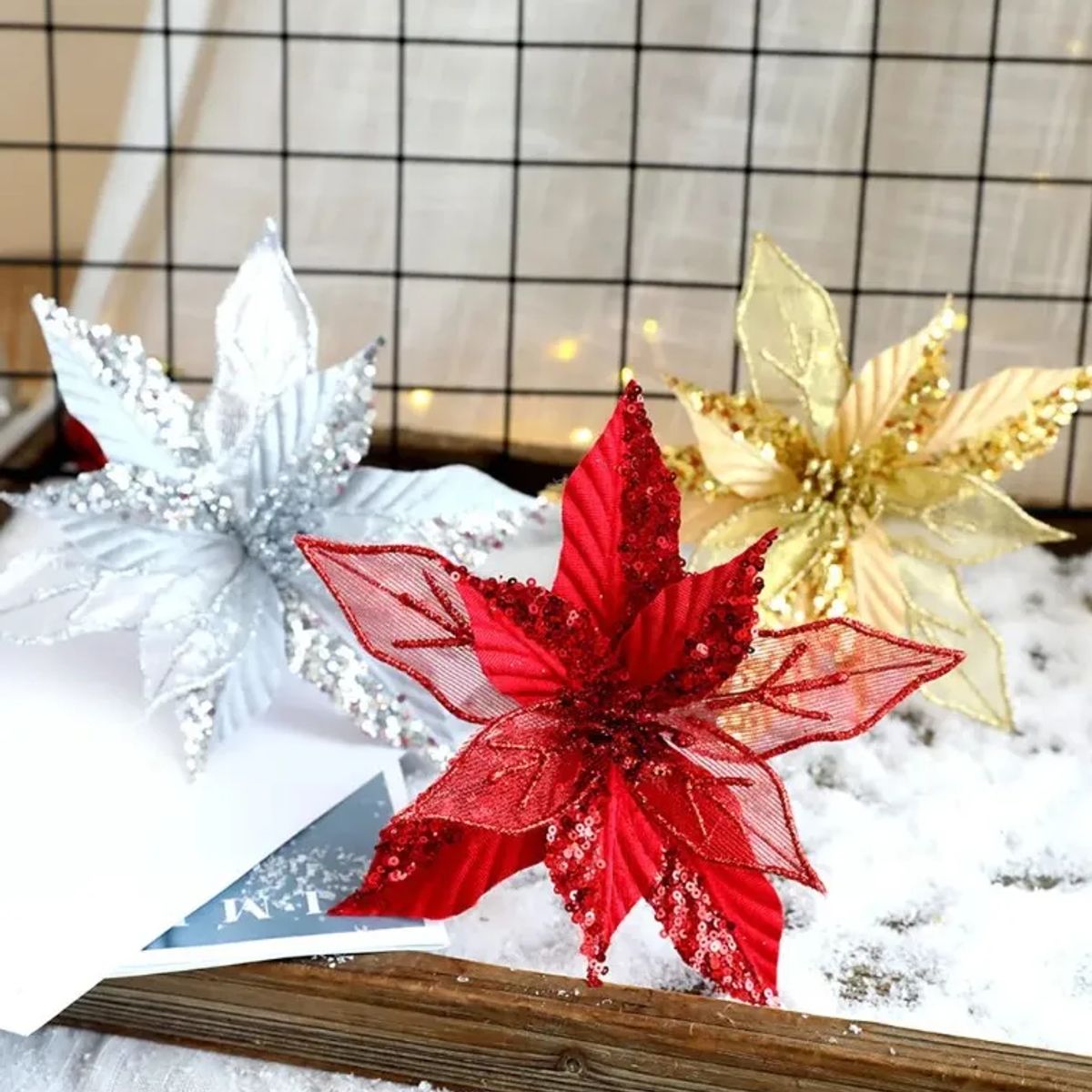 GENERICO - Pack 3 Flores Navideña Adornos Navidad Decoración Lentejuela