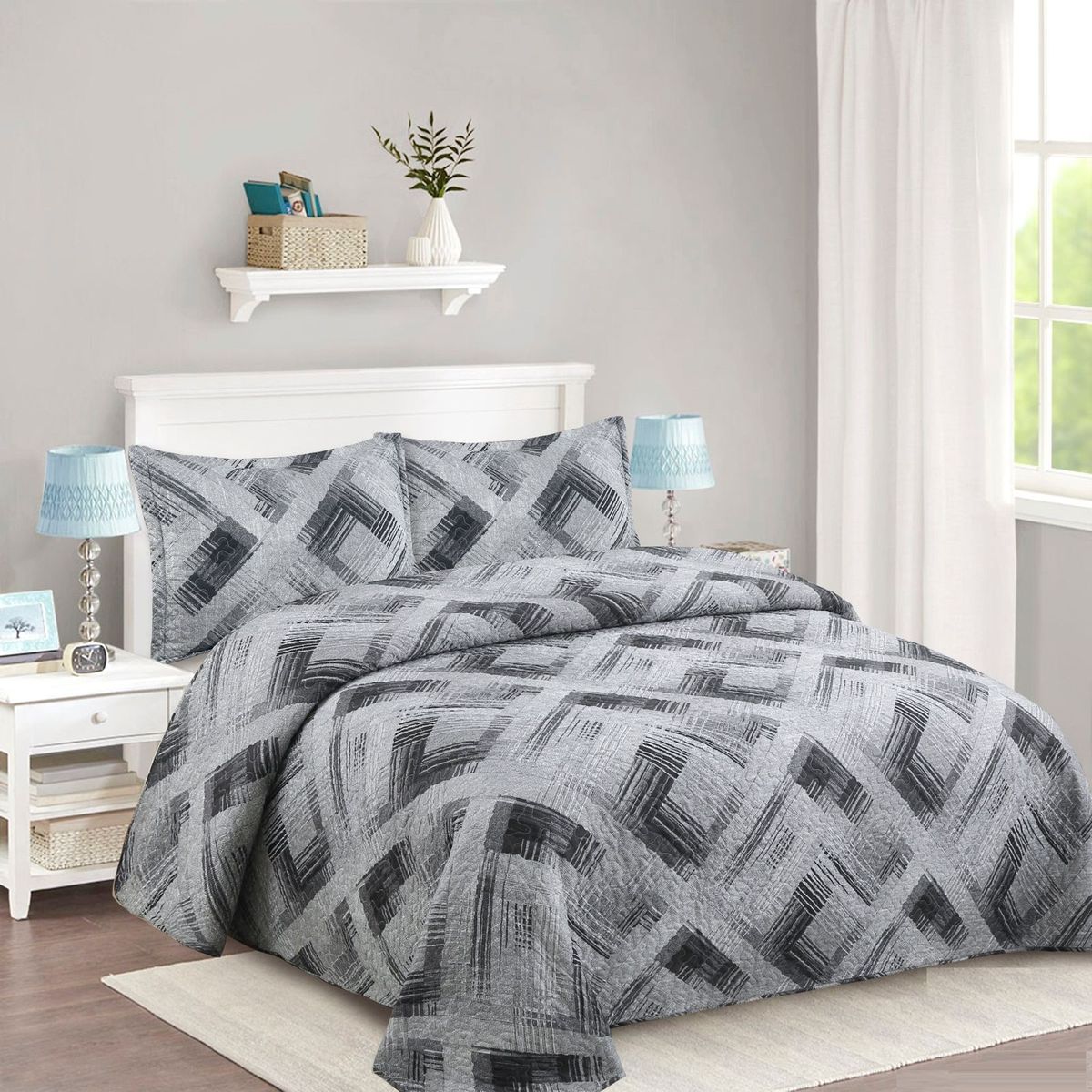 GENERICO - CUBRECAMA FEIYA 1.5 PLAZA DISEÑO MODERNO GRIS NEUTRO QUILT VERANO