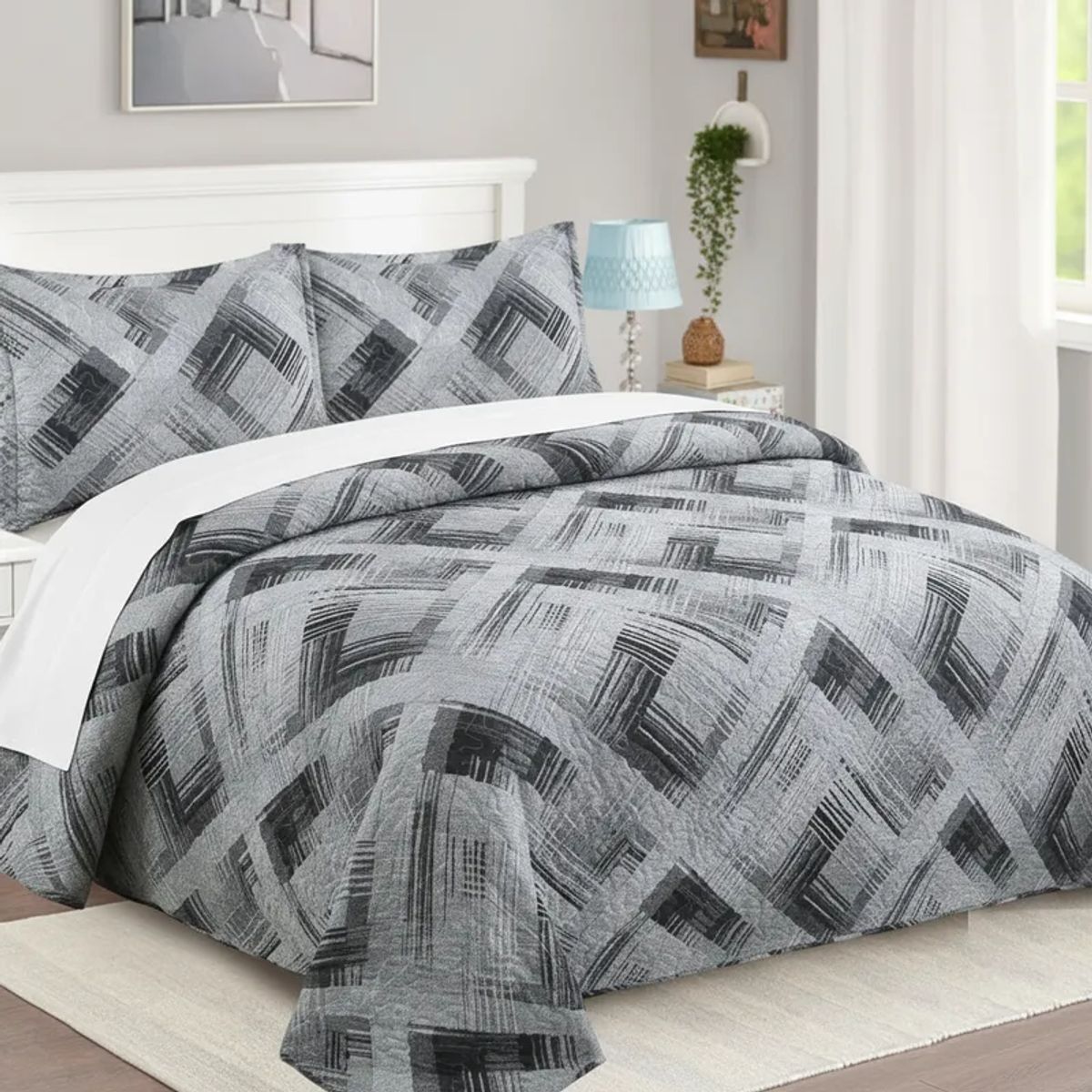 GENERICO - CUBRECAMA FEIYA 1.5 PLAZA DISEÑO MODERNO GRIS NEUTRO QUILT VERANO