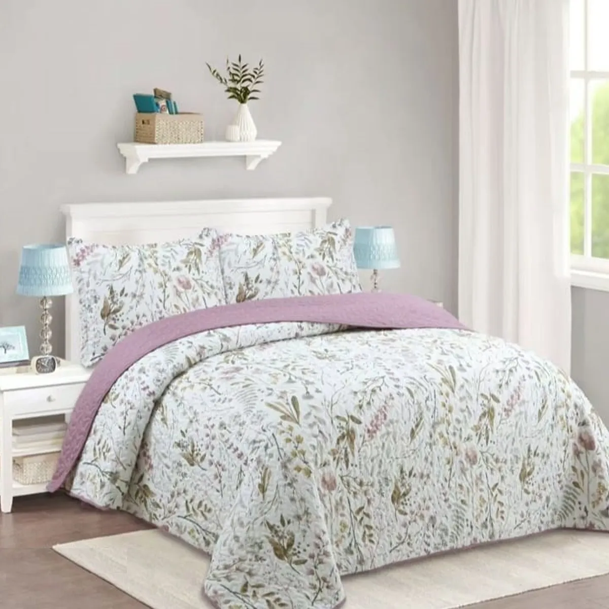 GENERICO - CUBRECAMA FEIYA 1.5 PLAZA DISEÑO MODERNO BLANCO HOJAS CON FLORES QUILT VERANO
