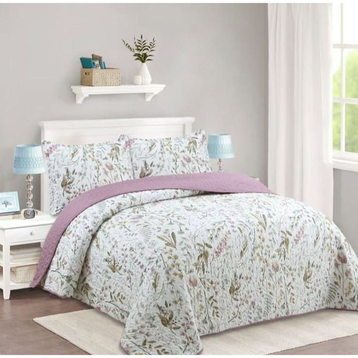 GENERICO - CUBRECAMA FEIYA 1.5 PLAZA DISEÑO MODERNO BLANCO HOJAS CON FLORES QUILT VERANO
