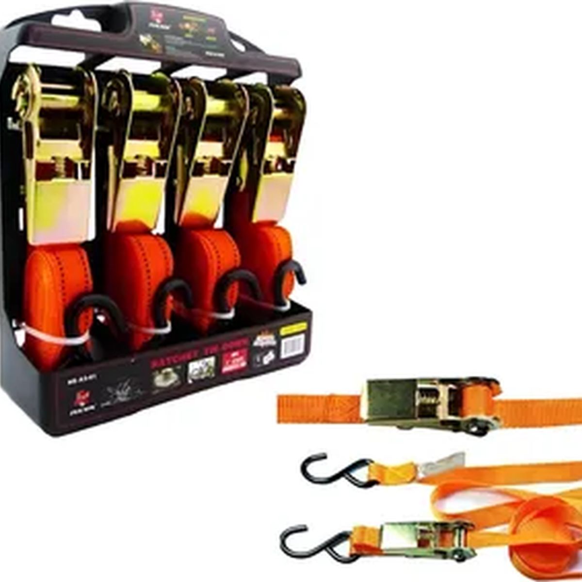 GENERICO - Set Kit Juego Eslinga Cinta Amarre Ratchet 4 Piezas Naranja