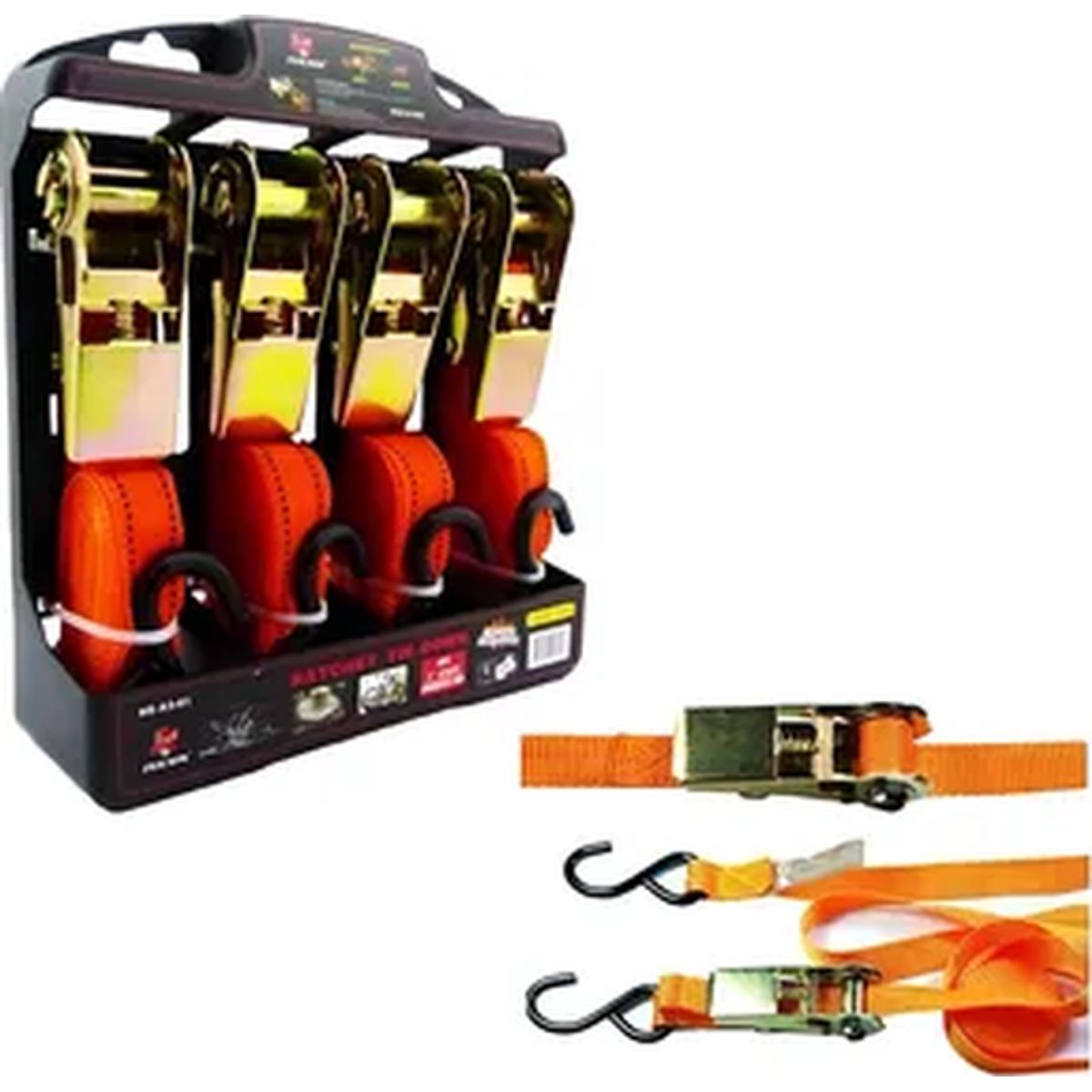 GENERICO - Set Kit Juego Eslinga Cinta Amarre Ratchet 4 Piezas Naranja