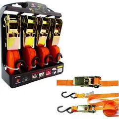 GENERICO - Set Kit Juego Eslinga Cinta Amarre Ratchet 4 Piezas Naranja