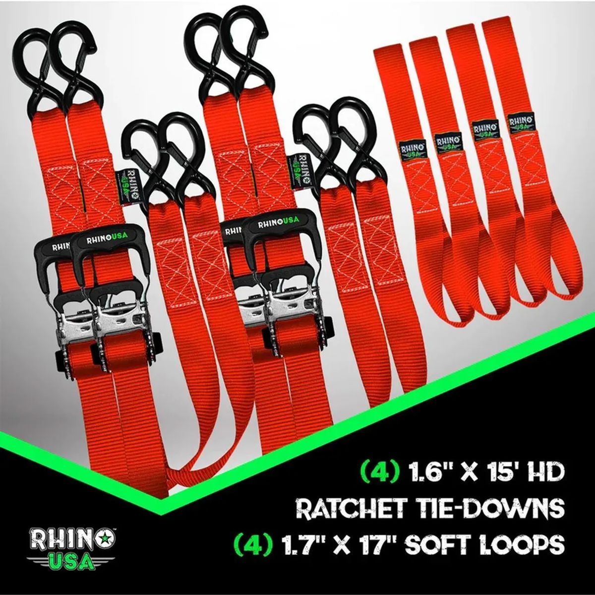 GENERICO - Pack X 4 Correas De Amarre Hd 4 Cm X 457 Cm Rhino Usa Rojo