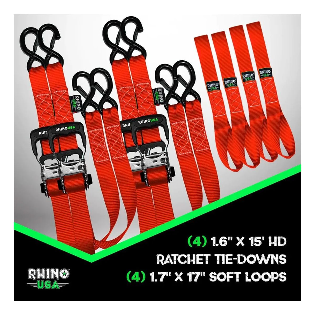 GENERICO - Pack X 4 Correas De Amarre Hd 4 Cm X 457 Cm Rhino Usa Rojo