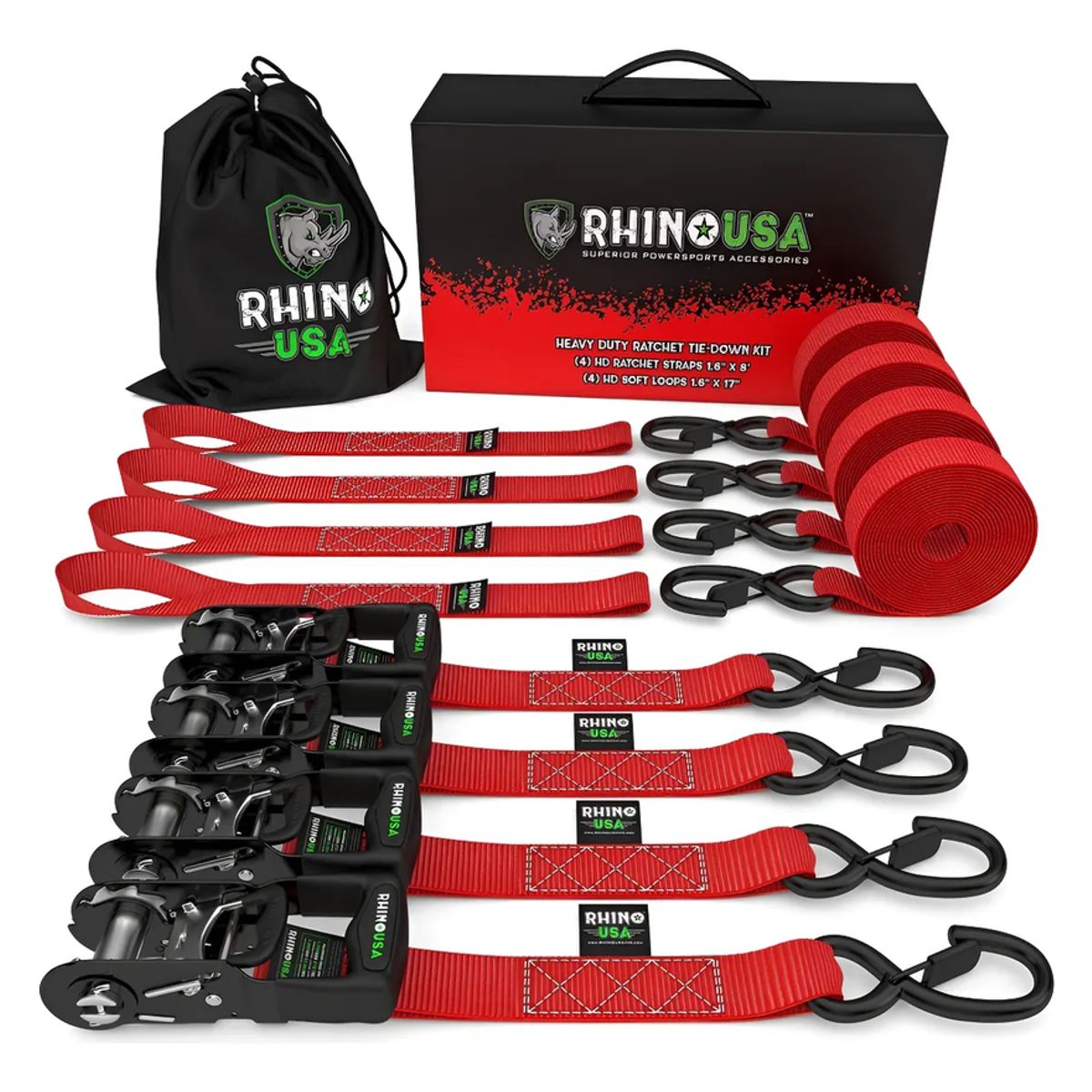 GENERICO - Pack X 4 Correas De Amarre Hd 4 Cm X 457 Cm Rhino Usa Rojo