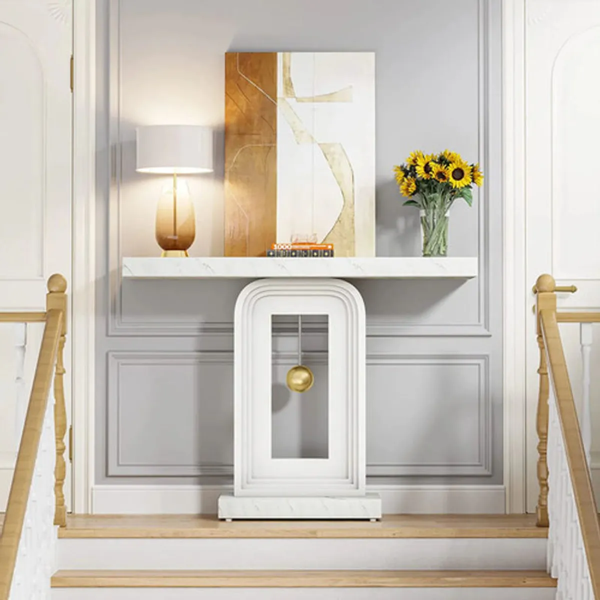 DELUXE - Mueble Arrimo Recibidor Blanco Lujoso Estilo Mármol