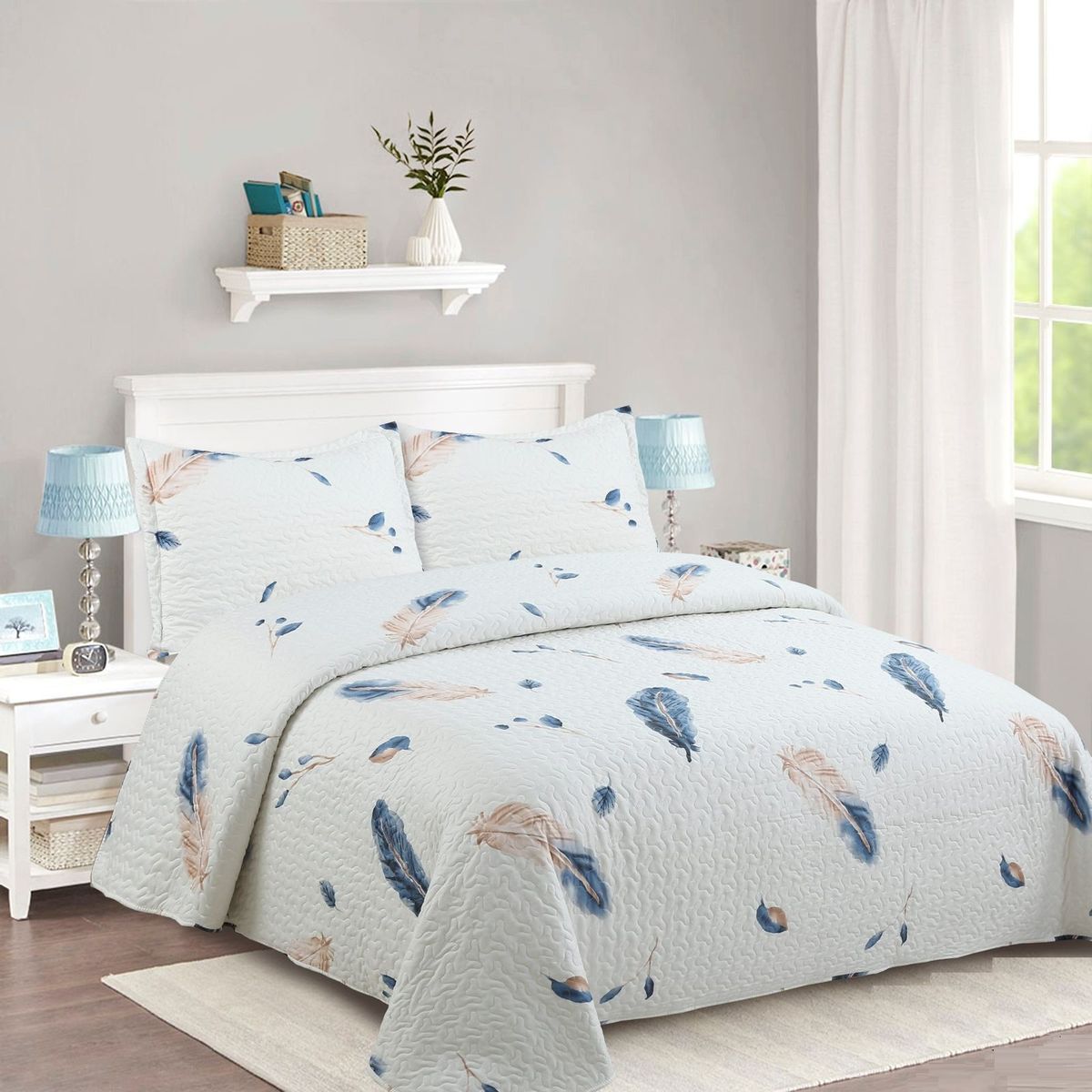 GENERICO - CUBRECAMA FEIYA 1.5 PLAZA DISEÑO BLANCO PLUMAS DE VERANO QUILT ELEGANTE