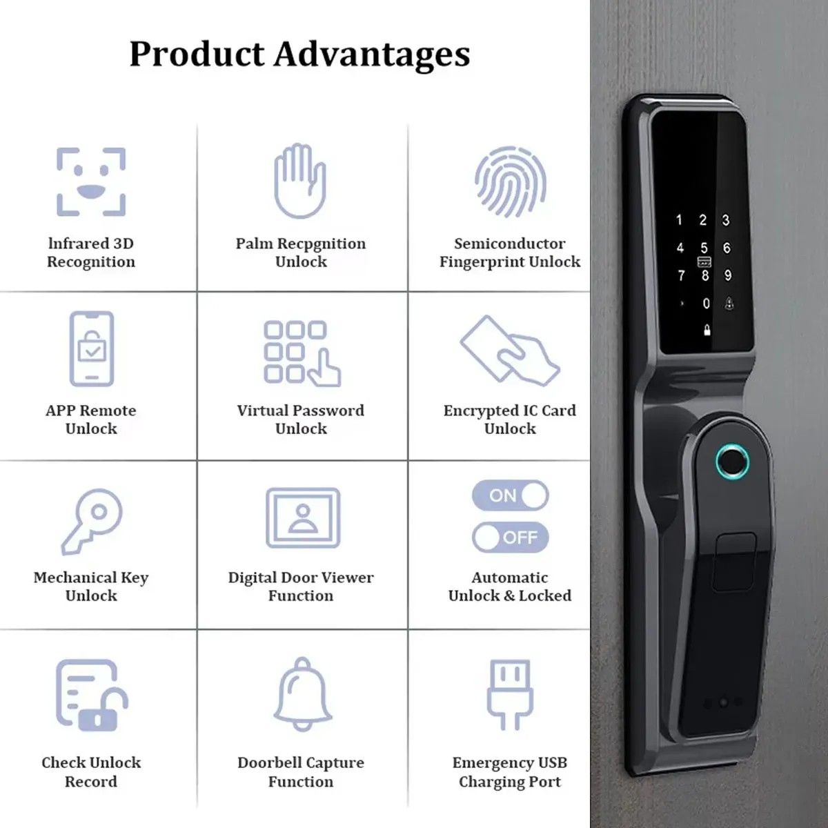 KUANGYE - Chapa Cerradura Inteligente Huellaapertura Facial app Negro